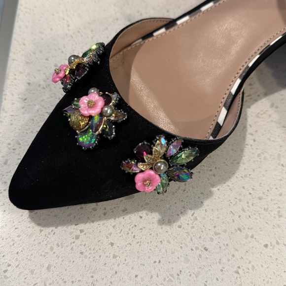 Betsy Johnson darling black suede with beaded flowers and low glitter heel - Picture 2 of 4
